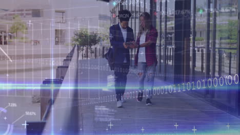two men walking along urban waterfront, pointing smartphone screen amid floating binary code