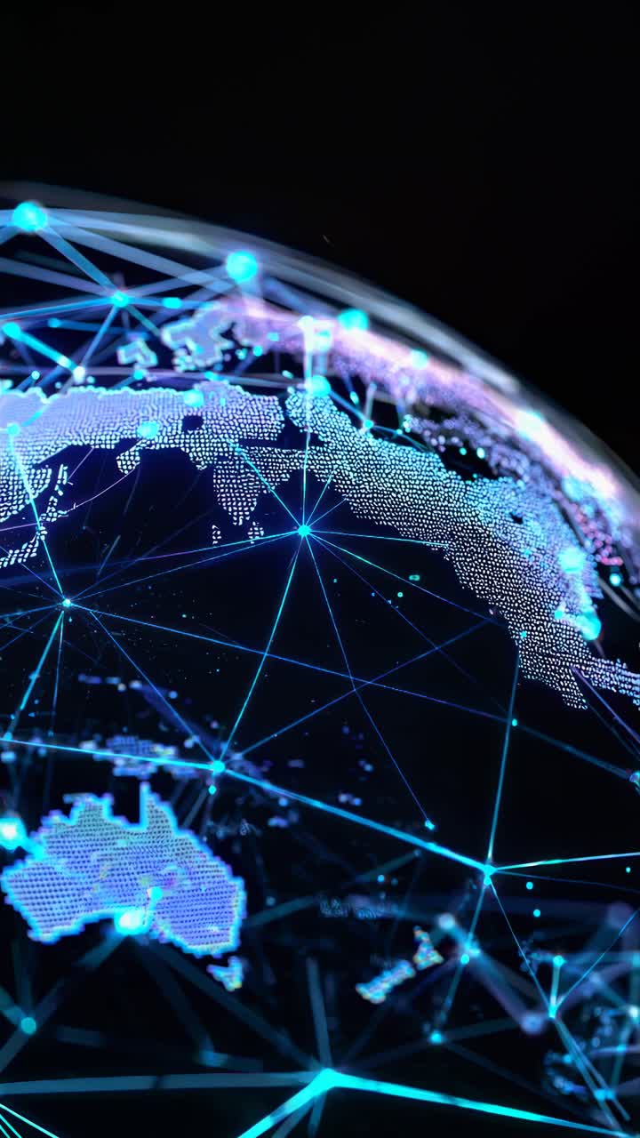 Un concept video futuristico che mostra un globo digitale con linee di rete blu luminose
