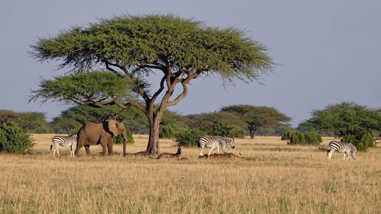 A wide-angle video shot captures an elephant and zebras under an acacia tree on the savannah