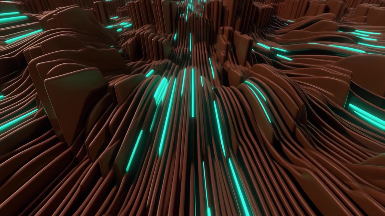 Abstract 3D Animation of Flowing Brown Waves with Glowing Cyan Light Lines