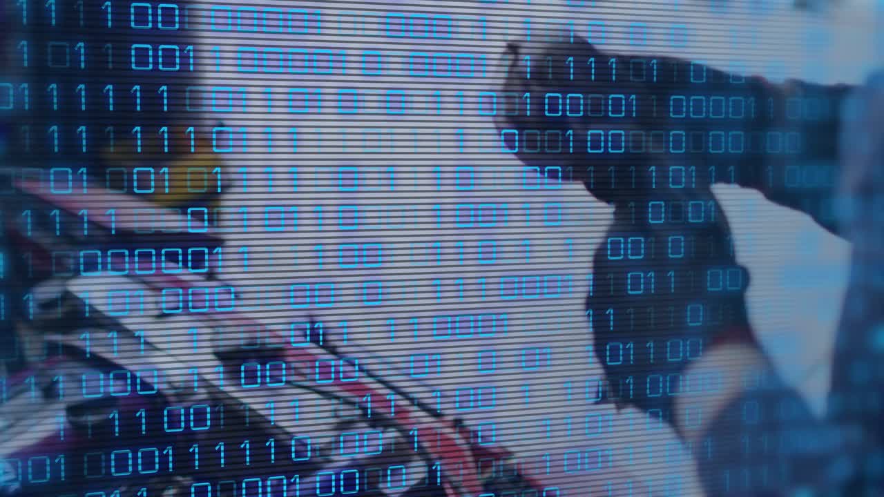 Gloved tech reaching into red panel, checking parts while binary data running over hands for repair