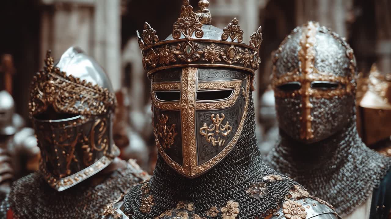 Un'Assemblea di Cavalieri Regali: Una Vista Accattivante di Guerrieri Corazzati che Sfoggiano Armature Dettagliate e Ornate e Corone Maestose in un Contesto Storico