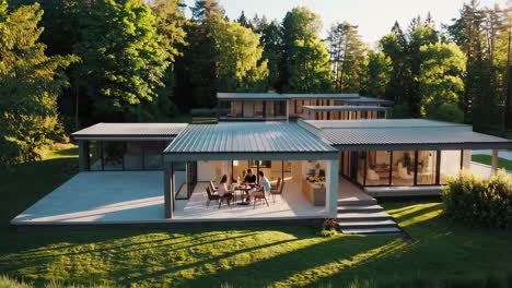 modern house exterior with people dining
