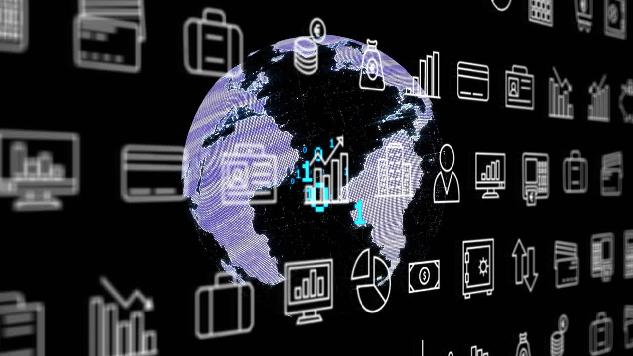 animación de iconos de negocios y globo sobre fondo negro