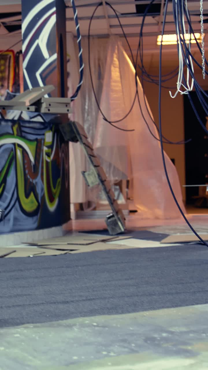 Dikey video Duvarlarında grafiti çizimler olan terk edilmiş bodrum katı