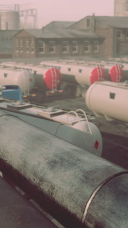 industrial area with large pipes and tankers