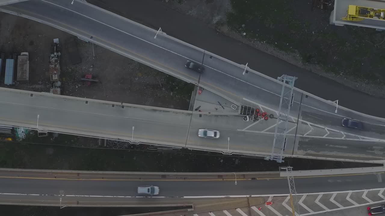 Aerial view of a highway and bridge