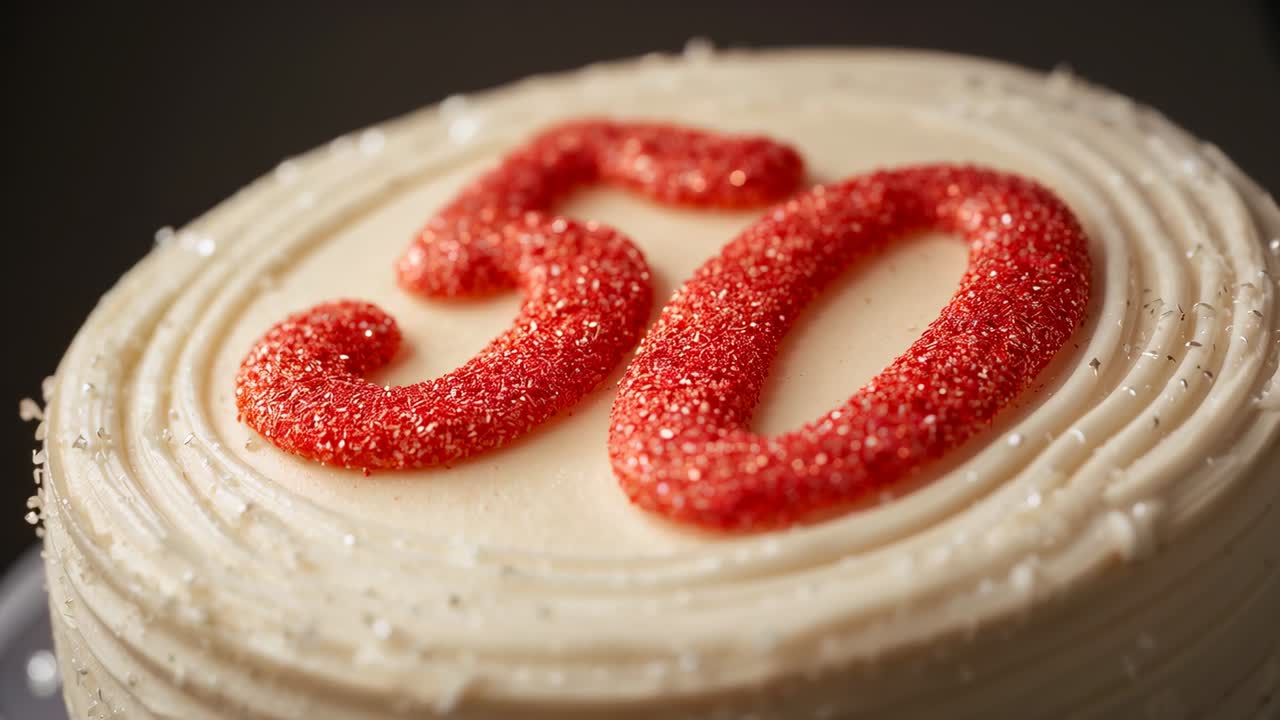 Panning camera revealing round frosted cake top at studio, highlighting red 30 and silver sprinkles