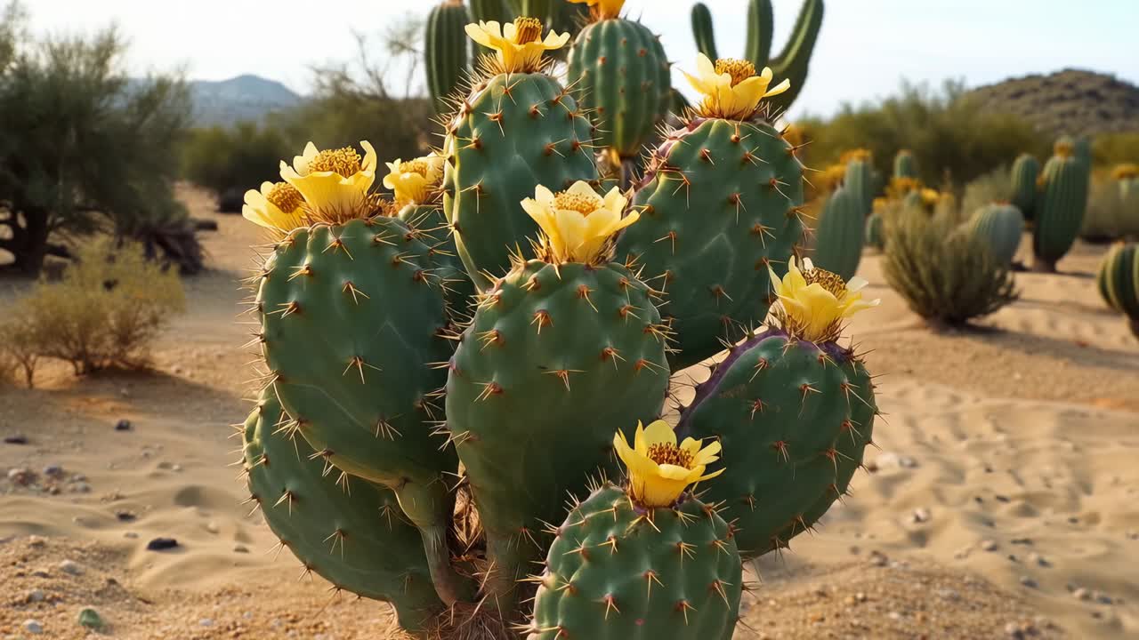 Panoramica con la camera che si avvicina a un cactus a cuscinetto in un arido deserto, rivelando gli stami gialli