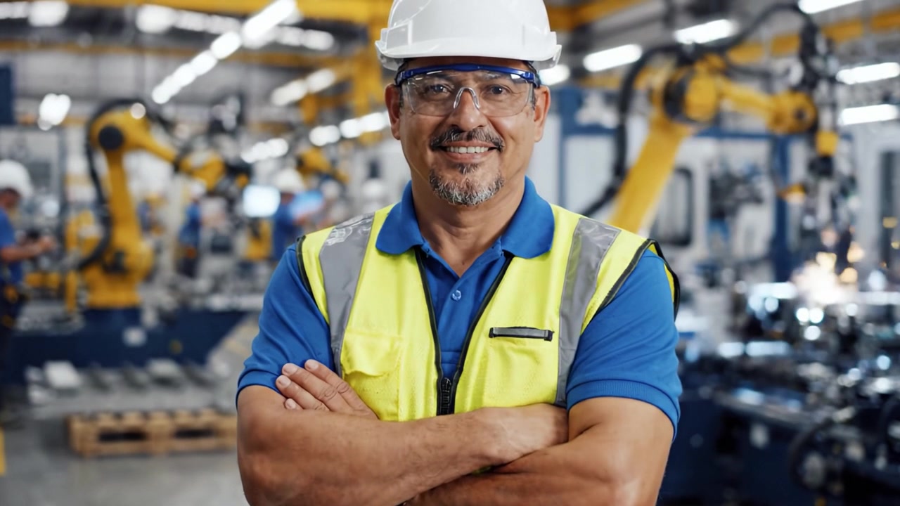 Supervisore di fabbrica fiducioso che supervisiona le operazioni di produzione robotizzata in una moderna struttura industriale.