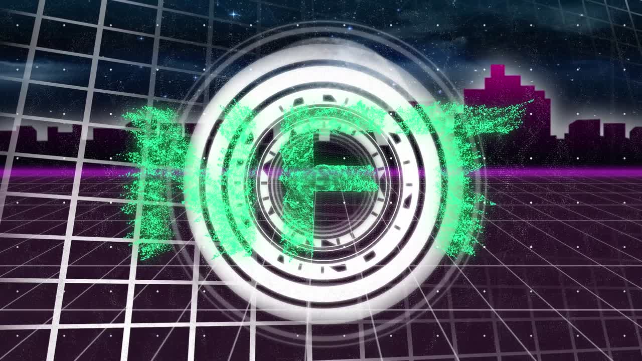 animación de nft sobre el espacio digital con círculo de procesamiento y paisaje urbano