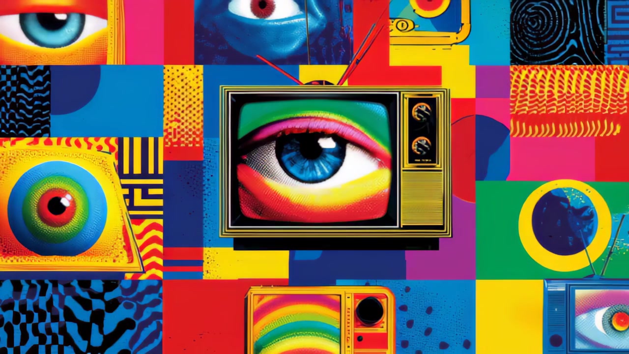 Riprese pop art vibranti di un collage di TV retrò con occhi umani surreali sugli schermi, forme geometriche audaci e colori vivaci, ideale per media creativi e design