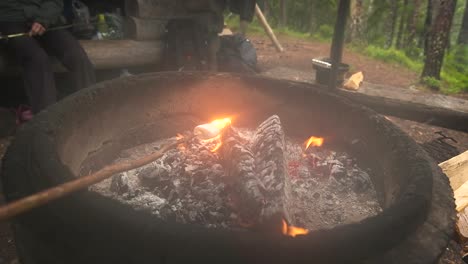 group of friends on a camping trip sitting and cooking food in campfire - roasting marshmallows