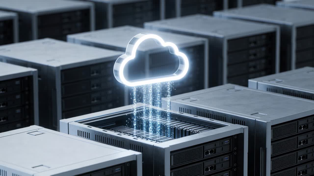 Materializing cloud icon sending data streams into open server chassis at data center, syncing