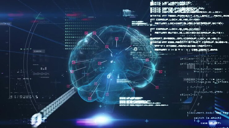 Animation of data processing over human brain on dark background