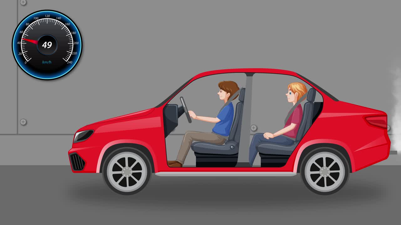 자동차가 속도를 높이고, 충돌하고, 연기가 상승합니다.