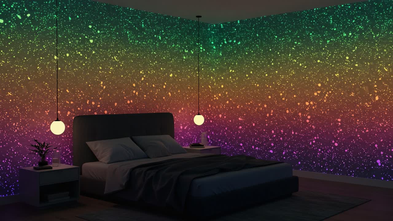 A Stunning Bedroom Featuring a Vibrant Gradient Wall Design with Sparkling Lights, Creating a Cozy and Colorful Ambiance for Relaxation and Rejuvenation