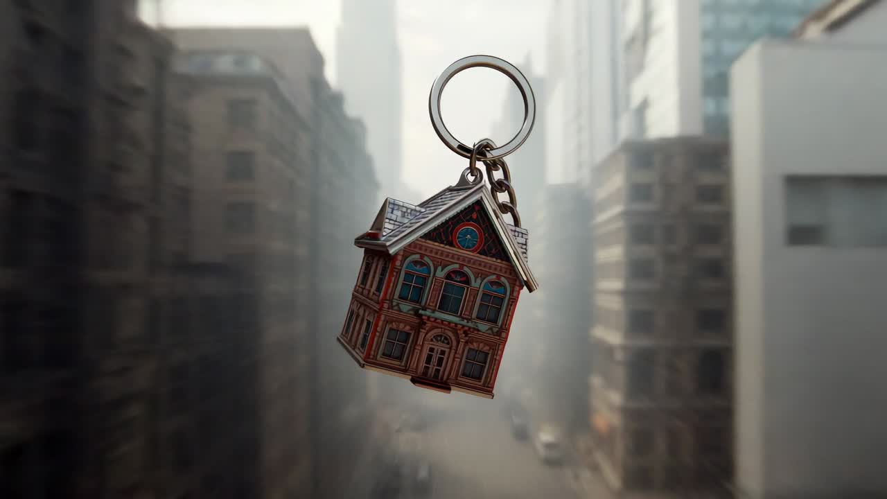 Panning camera revealing house-shaped keychain swinging in narrow urban canyon, showcasing depth