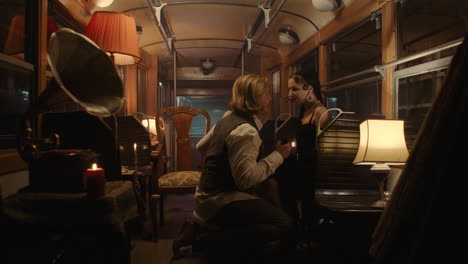 romantic couple in a vintage train car