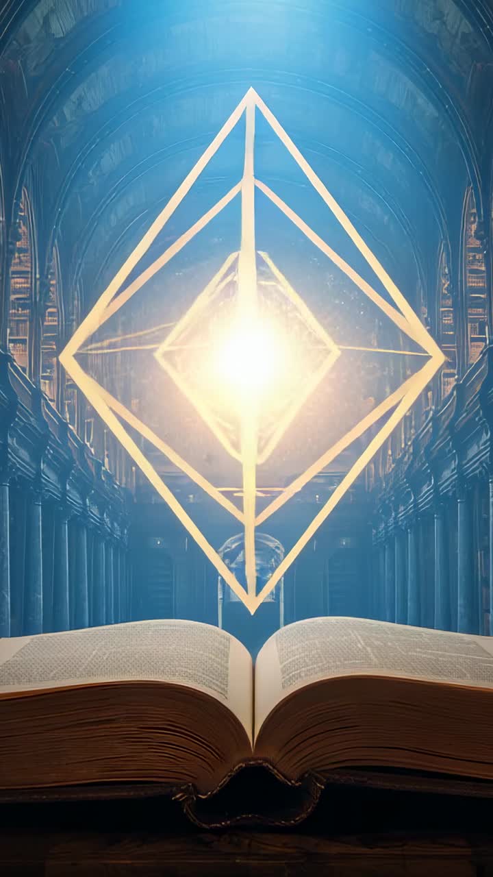 Vertical video: Emerging from glowing open book golden diamond shape pulsing above pages in library