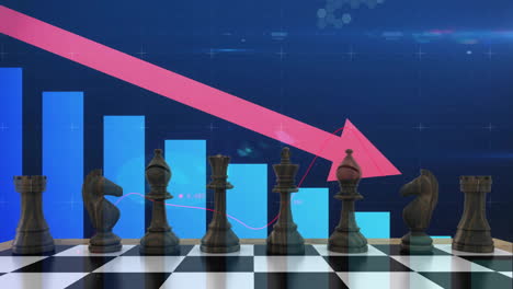 animation of downward arrow, graph and processing data over chess pieces on board