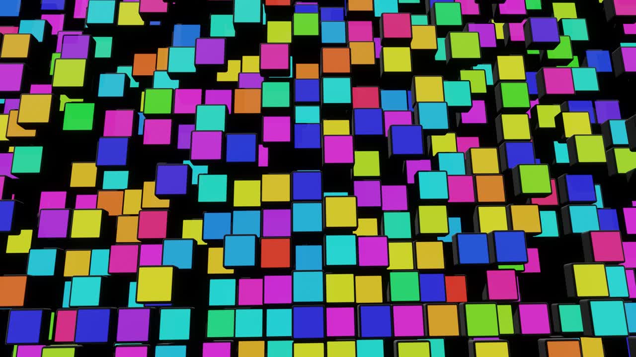 4k abstract looped dark background waves of cubes on plane and neon lights. Grid of cubes like neon bulbs. VJ cyberpunk neon style bg for event, presentation. Classic simple motion design backdrop
