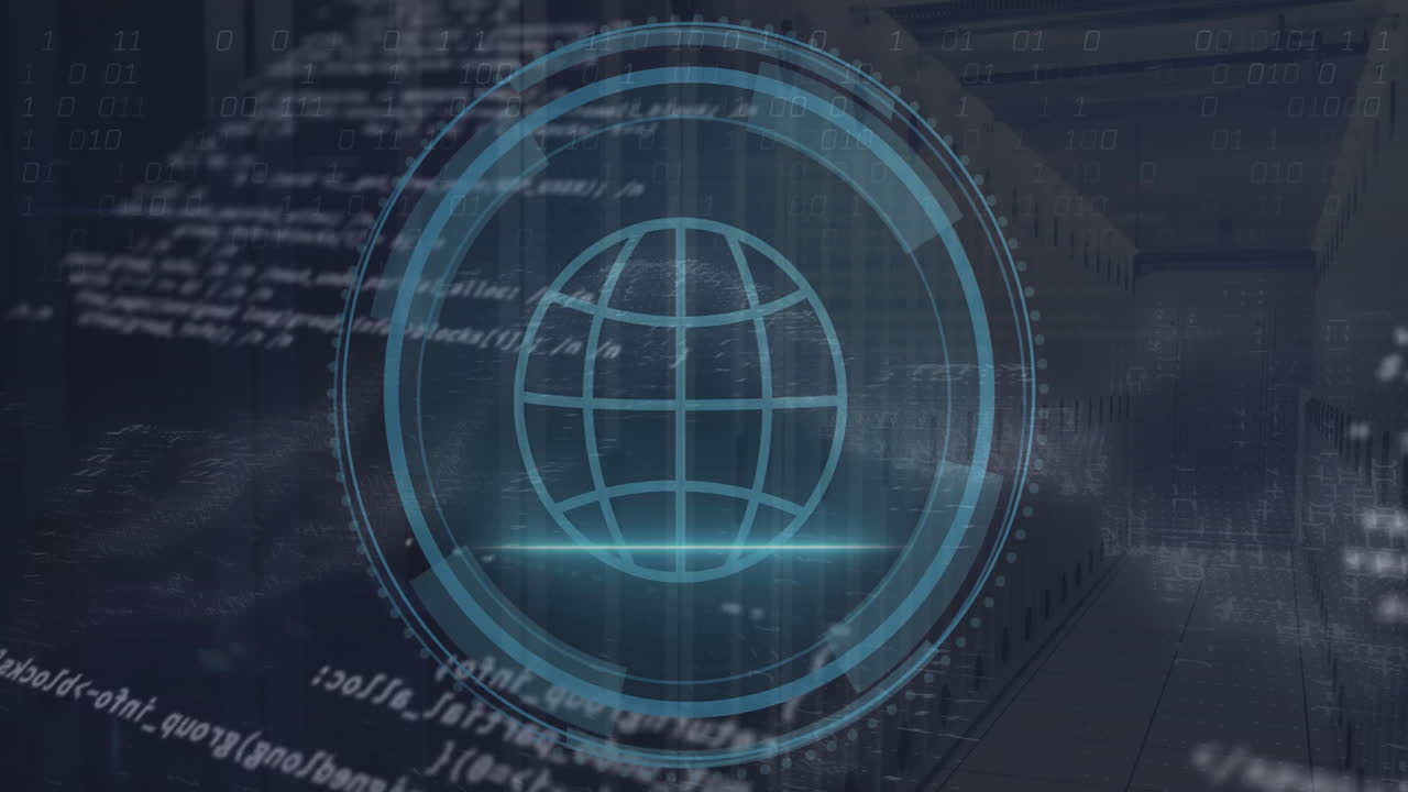 Animation of globe icon and data processing over computer servers