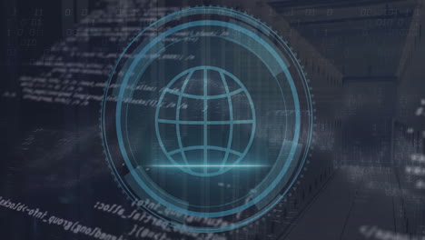 animation of globe icon and data processing over computer servers
