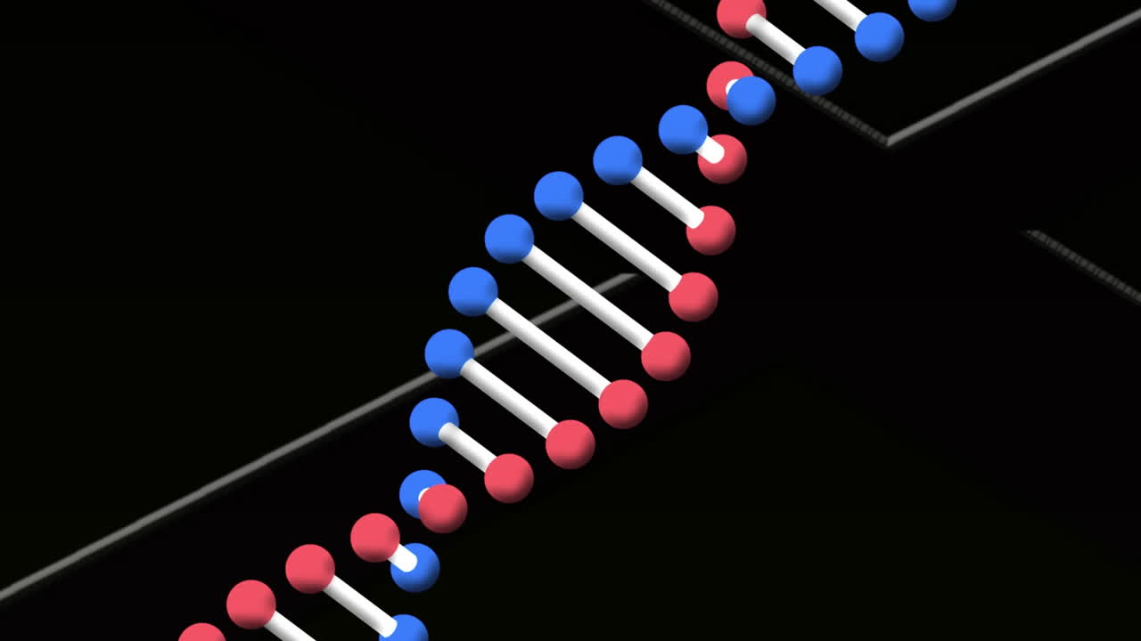 검은 바탕의  ⁇  라인에 대해 회전하는 dna 구조의 디지털 애니메이션