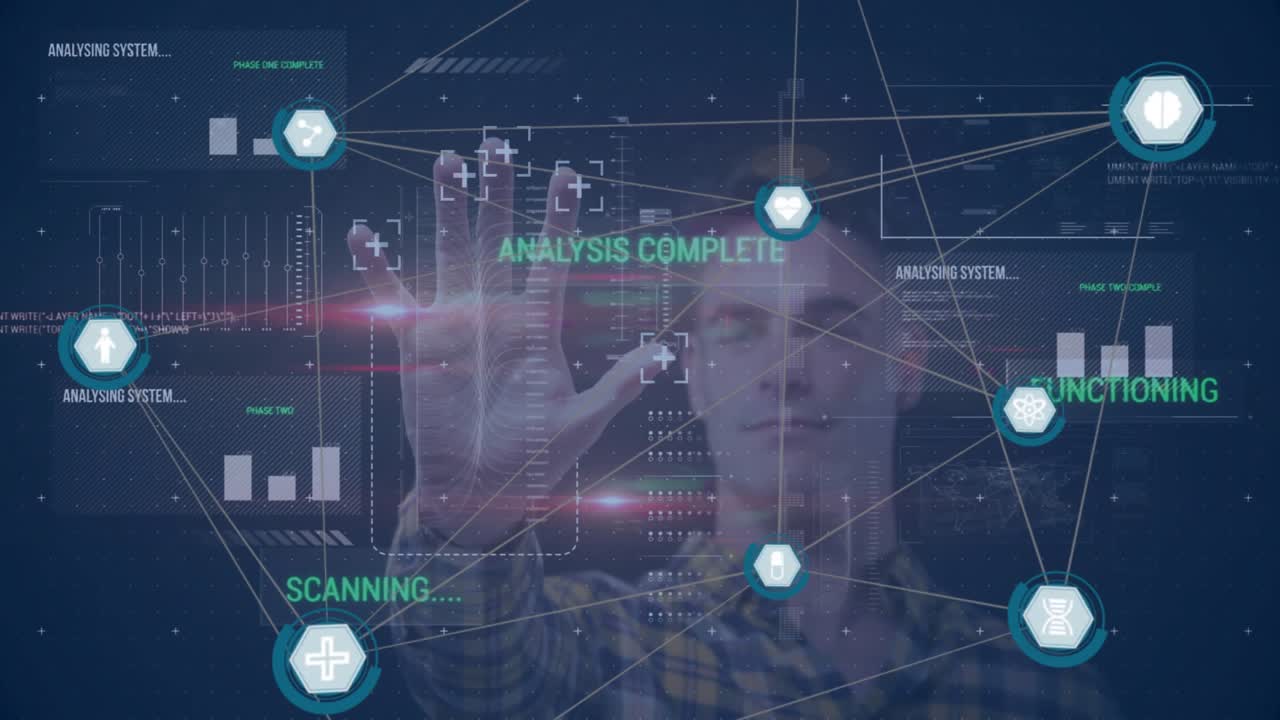 Man raising right hand initiating holographic scanning, analysing data with pulsing hexagon nodes