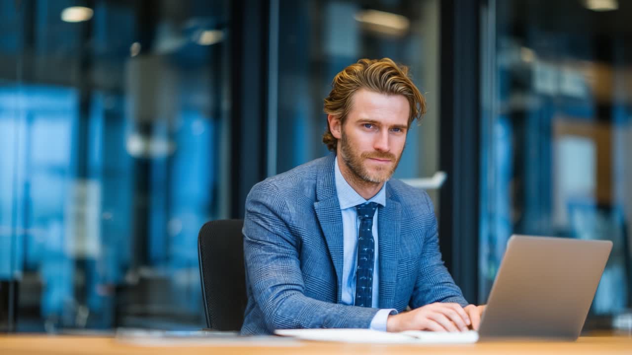 En profesjonell forretningsmann engasjert i arbeid på sin laptop, som går fra et vennlig smil til et fokusert uttrykk i et moderne kontormiljø.