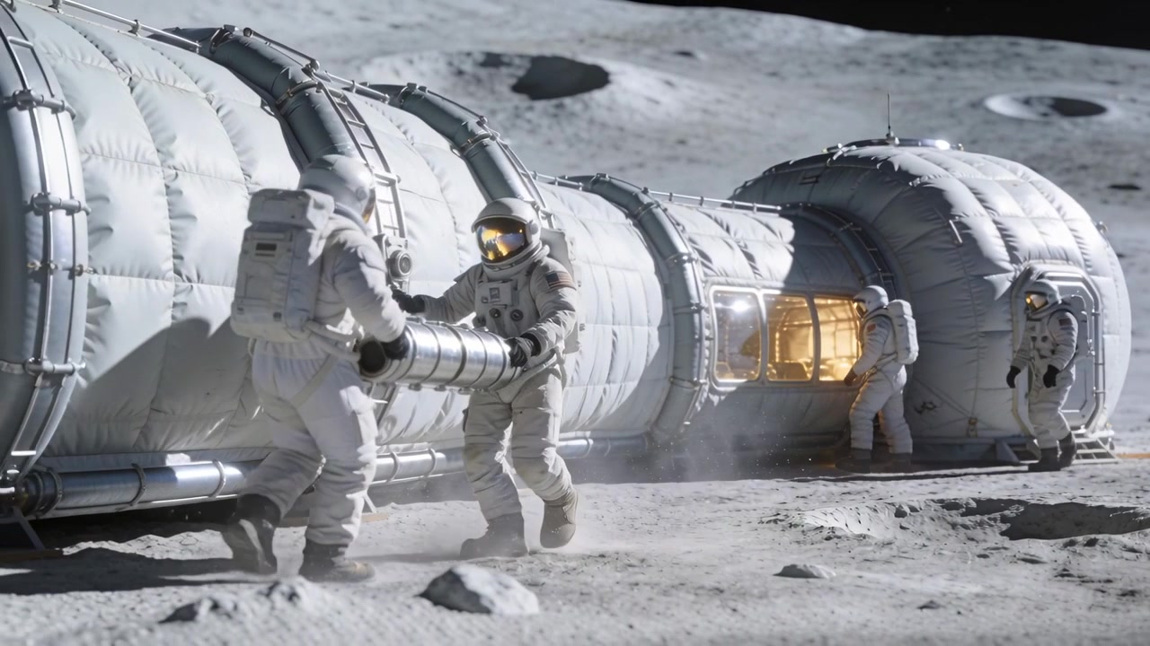 Starting on lunar surface, astronauts in EVA suits carrying connector, aligning modules for entry