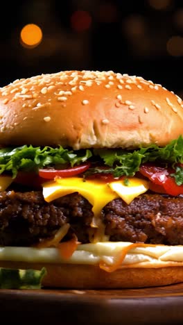juicy cheeseburger with fries and drinks on a wooden table at night