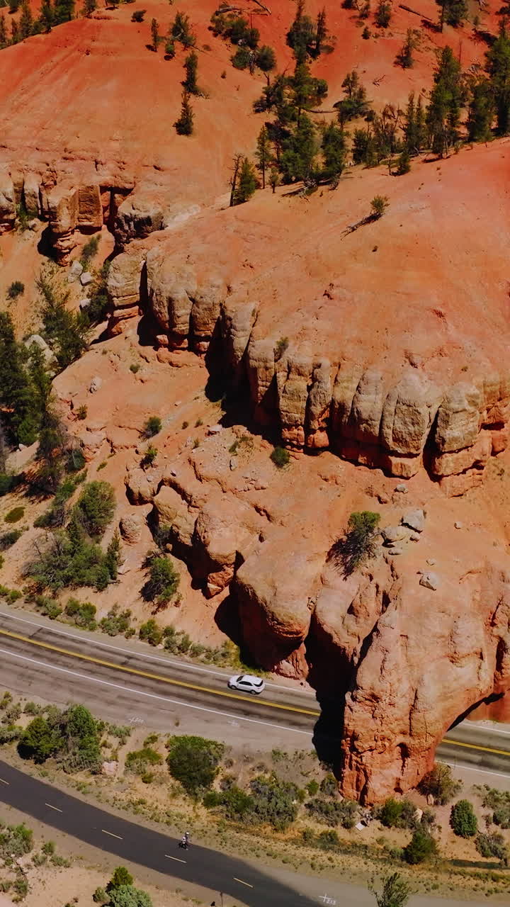 Sunlit panorama of amazing canyon rocks with pine trees growing on. Car roads in the mountains of Arches National park from aerial view. Vertical video