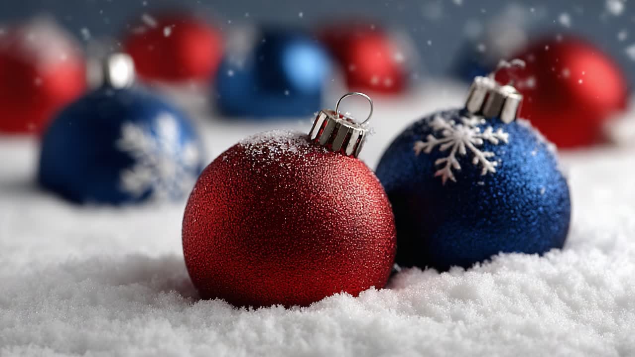A Close-Up View of Beautifully Decorated Red and Blue Christmas Ornaments Resting on a Soft Blanket of Snow, Capturing the Essence of the Holiday Season