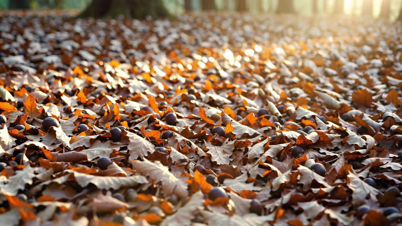 Low-angle video shot of a squirrel amidst autumn leaves, capturing the warm, natural ambiance