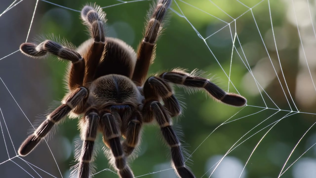 Nærbilde av en tarantell med spredte ben på et spindelvev, suspendert mot en uskarp grønn utendørsbakgrunn i mykt naturlig lys