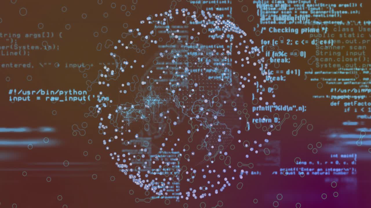 Upon loading purple globe code drifting, golden lines forming network visualizing data flow in 3D
