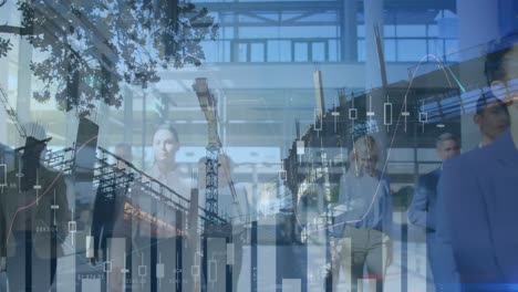 animation of financial graphs over diverse businesspeople and construction site