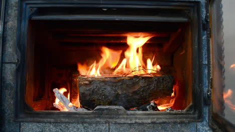 cerrar la puerta de una estufa de leña en un frío día de invierno