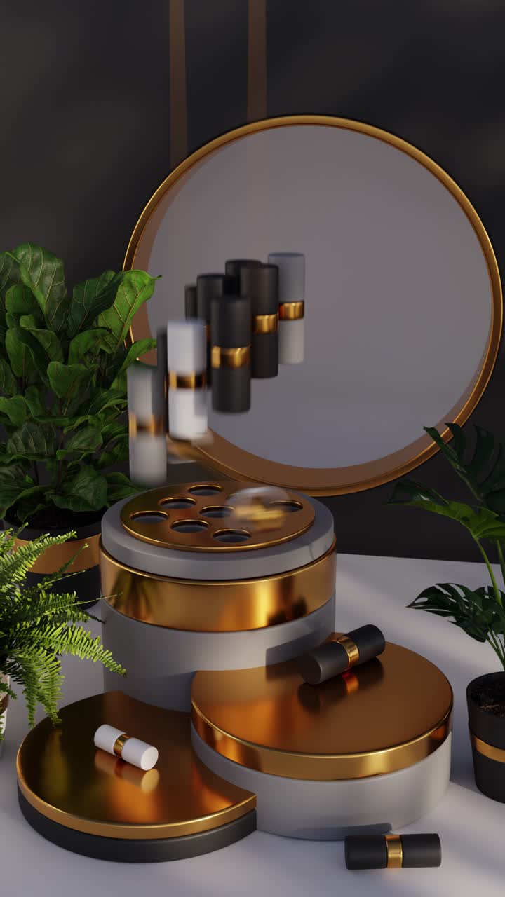 Luxury Cosmetics Product Display with Gold Accents and Plants