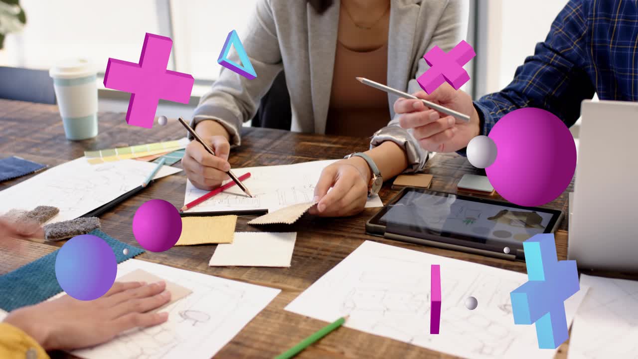 Design team placing teal swatch tapping tablet choosing fabric with 3D shapes highlighting swatches