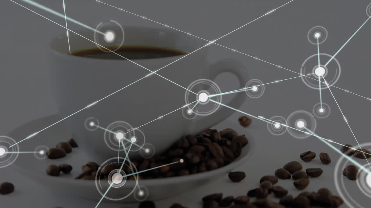 White ceramic coffee cup being visualized in scene, showing coffee beans and glowing network nodes