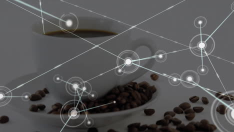 white ceramic coffee cup being visualized in scene, showing coffee beans and glowing network nodes