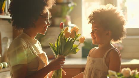 a loving mother gives a bouquet of tulips to her smiling daughter