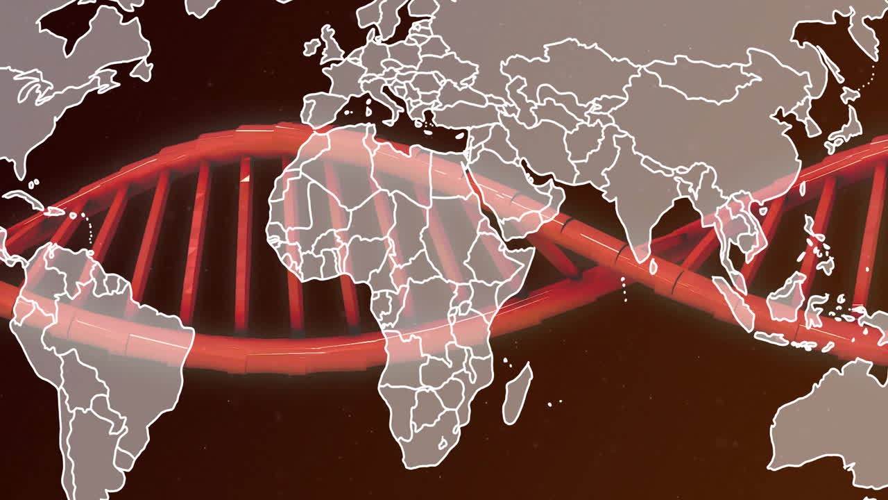Animazione di un filamento di DNA su una mappa del mondo