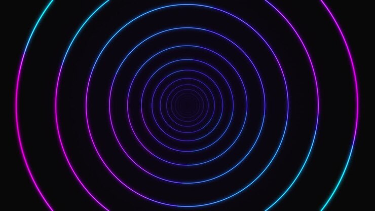 Hypnotic animation glowing neon light spheres forming endless loop creating illusion of depth blue