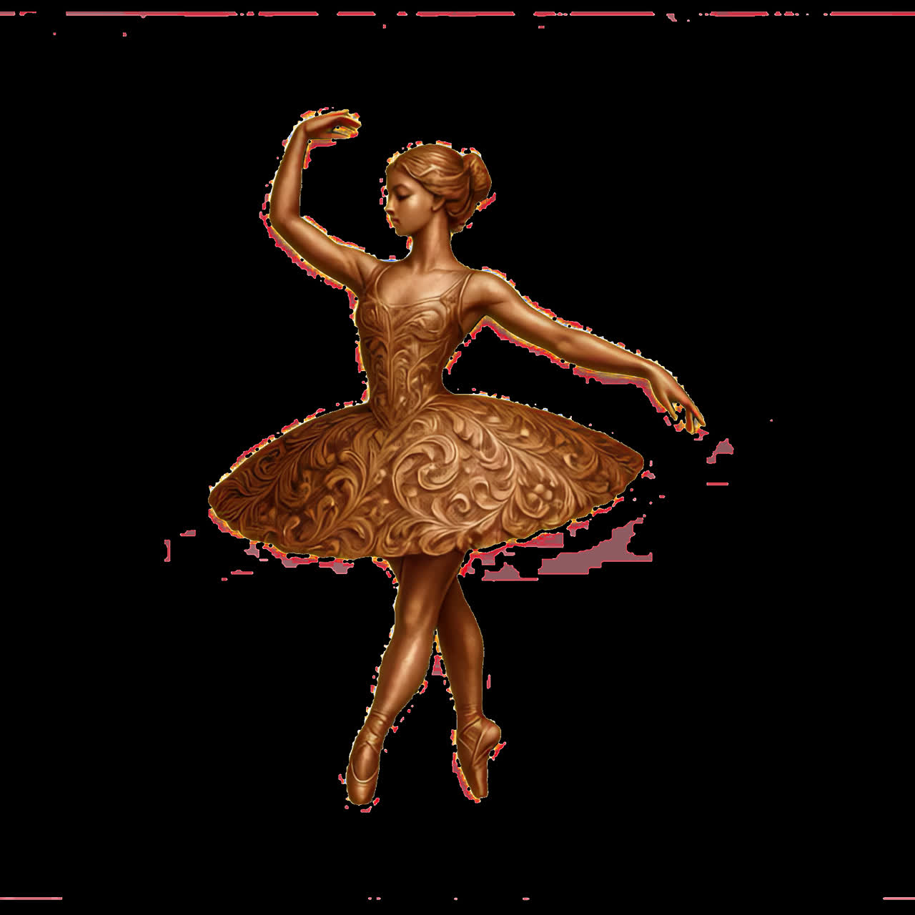 Elegant bronze ballerina sculpture animation isolated asset, transparent 4K video, alpha channel