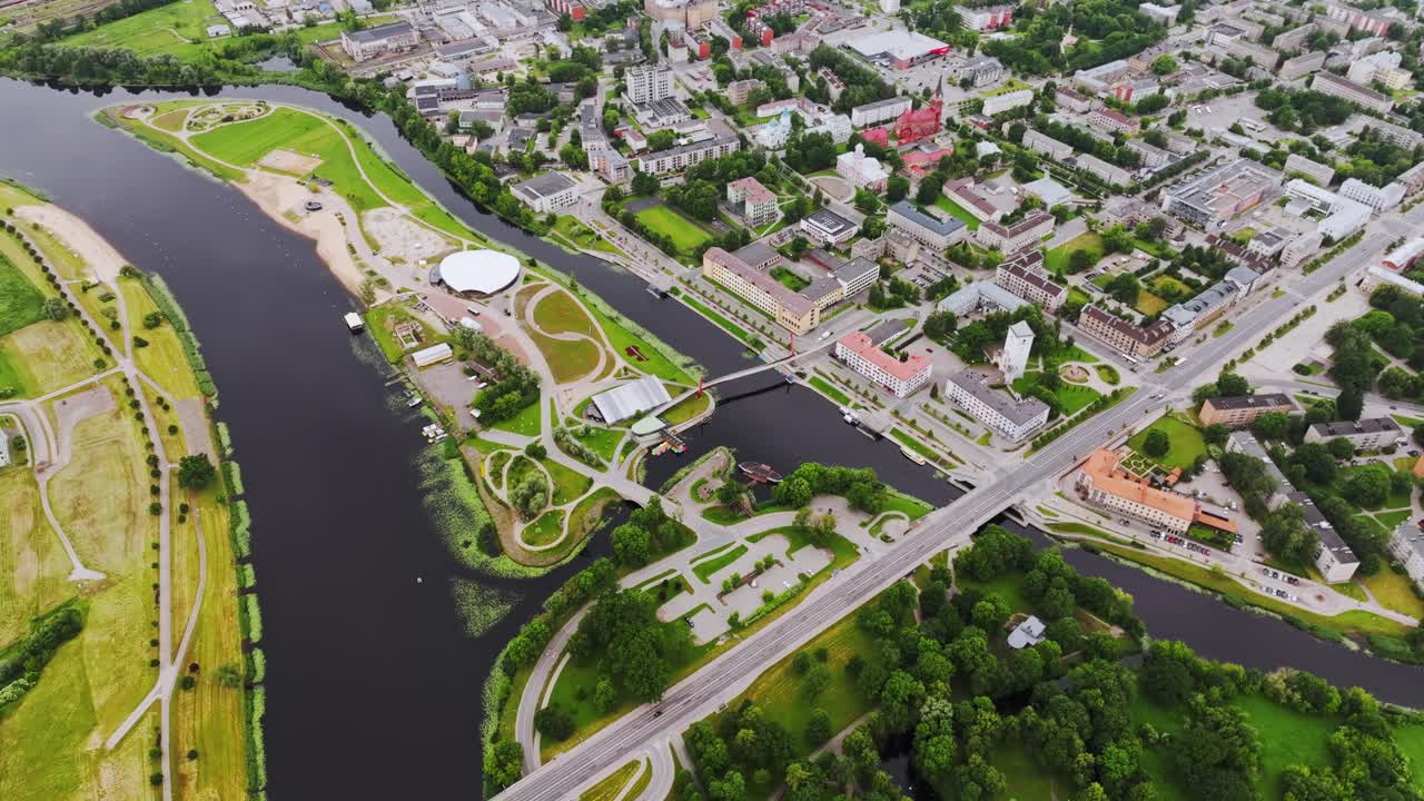 High aerial perspective, Jelgava, Lielupe, Driksa rivers, urban landscape Latvia