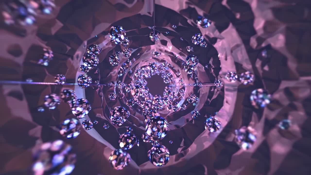 빛나는 구와 함께 추상적인 보라색 터널